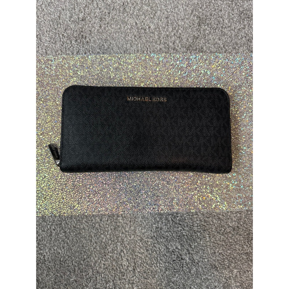Michael Kors Black Logo Print Zip Around Continental Wallet Women